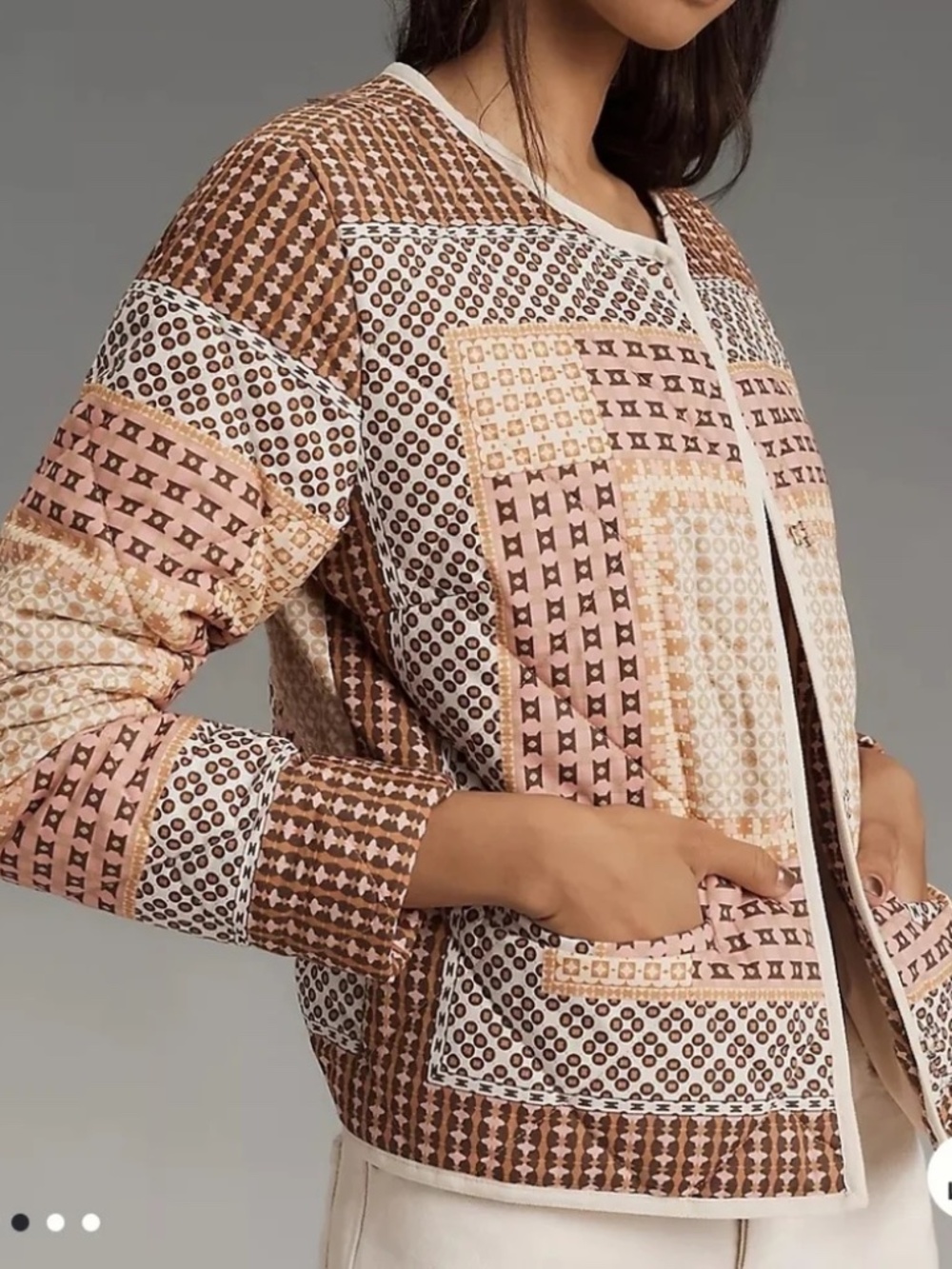 Anthropologie Collarless, Quilted, Cropped Jacket in Neutral Pattern, Size Small
